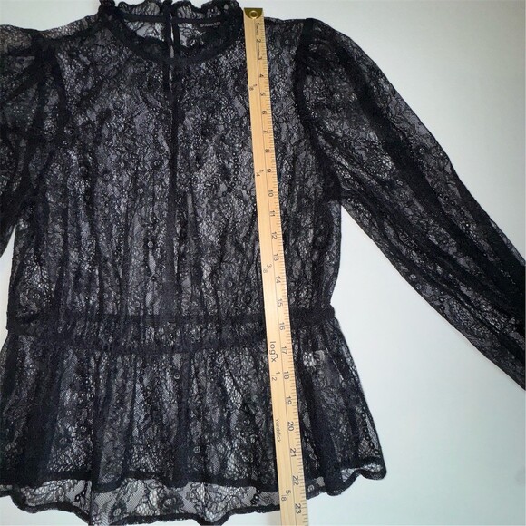 Banana Republic Blouse Womens M Petite Black Sheer Floral Lace High Neck Goth - Picture 10 of 12
